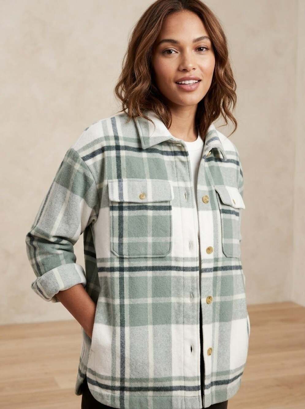 Banana Republic Women's Green White Plaid Sherpa Button Jacket Shacket Size L